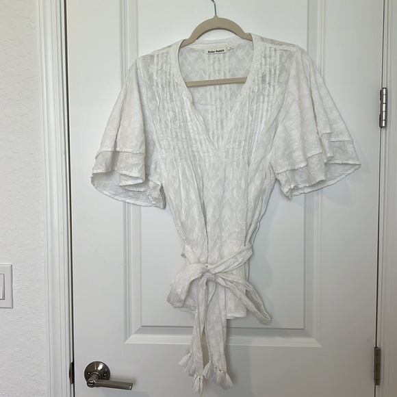 Roller Rabbit Tunic Notch Collar Tassel Belted White Cotton Flutter Sleeve Top - Picture 4 of 14